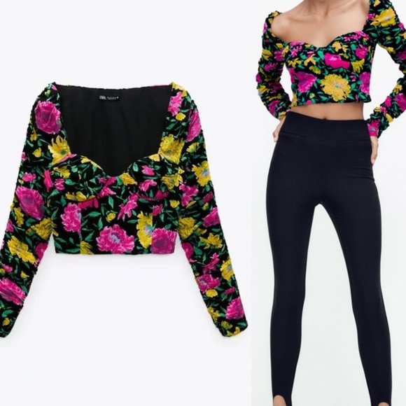 NEW Zara Floral Sweetheart Neckline Ruched Long Sleeve Crop Blouse Top L Vibrant - Picture 4 of 9